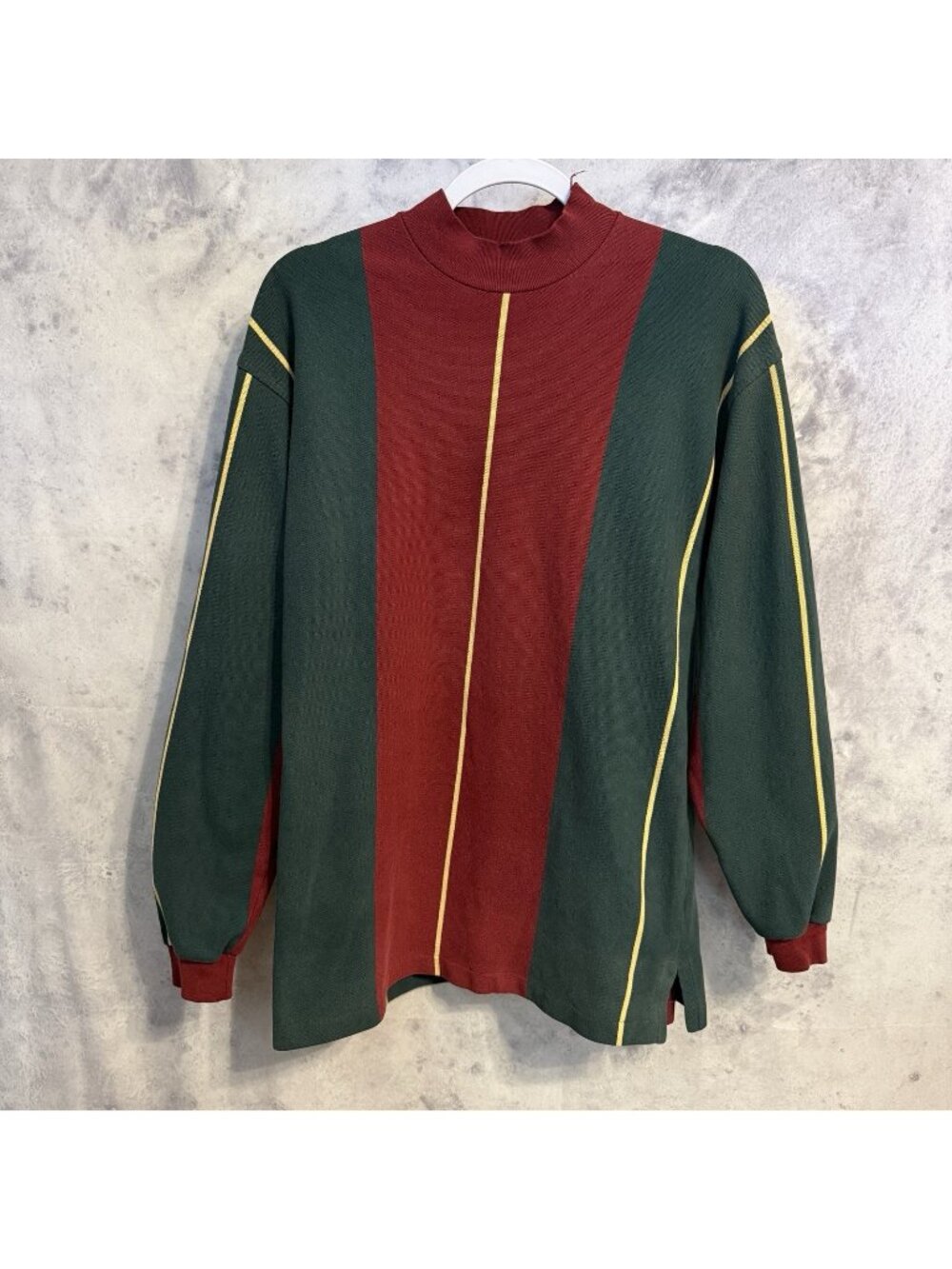 Vintage 90s Striped Long Sleeve Mock Neck Shirt Mens Medium Green/Red USA